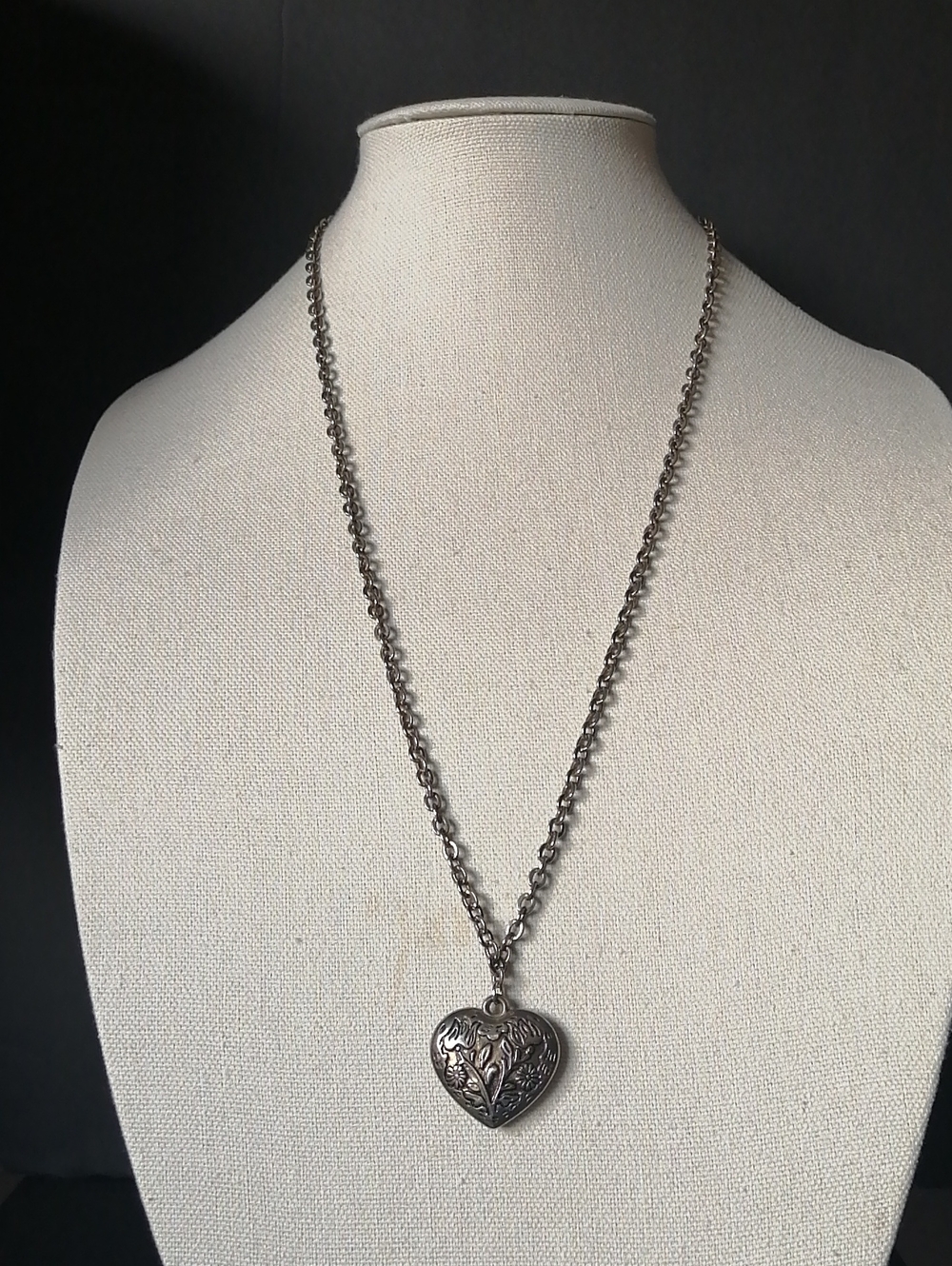 Puffy Heart Floral Motif Silvertone Pendant on Silvertone Chain